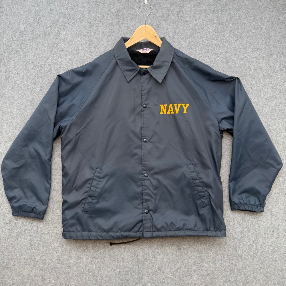 Vintage MVP Corp Navy Coaches Jacket XL Faux Fur Lined Windbreaker Made in USA